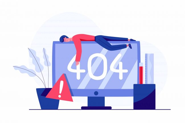 Internet network warning 404 Error Page or File not found for web page. Internet  error page or issue not found on network. 404 error present by man sleep on display.